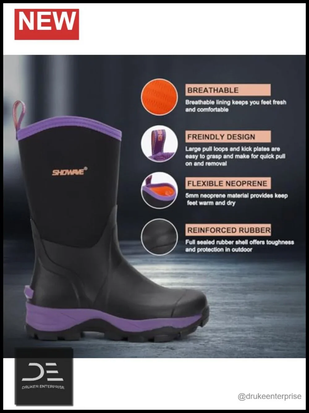 Women's Insulated Waterproof Mid Calf Rain Boots Rubber Neoprene